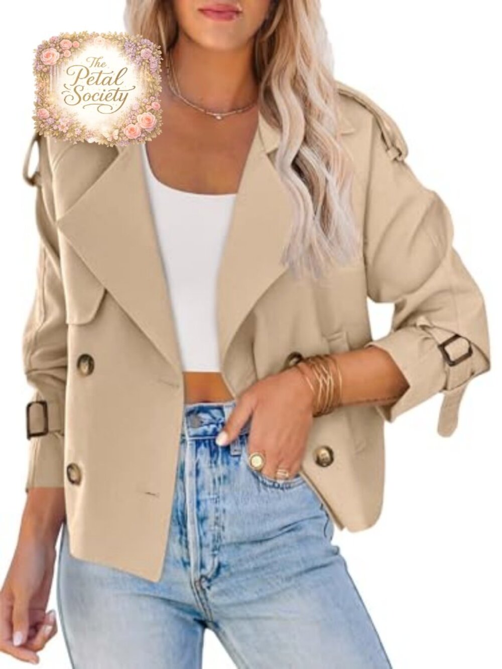 Women's Cropped Double Breasted Trench Coat Short Jacket Polyester